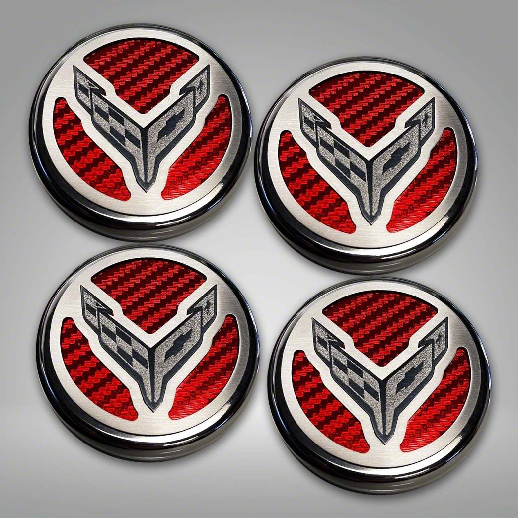 Corvette Engine Caps With Crossed Flags Logo Red Carbon Fiber