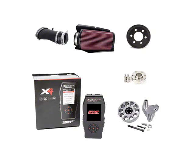 Cold air intake, SCT X4 tuner, and supercharger pulley upgrade kit for 2003–2004 Ford Mustang SVT Cobra.