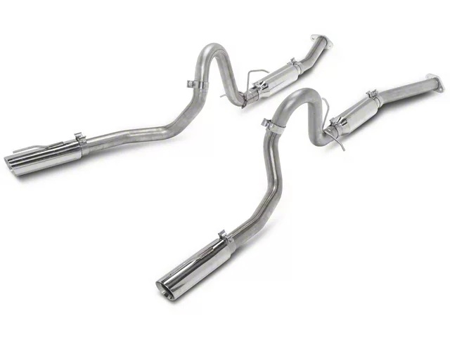 Stainless steel cat-back exhaust system with polished exhaust tips for a 1999–2004 Ford Mustang GT.