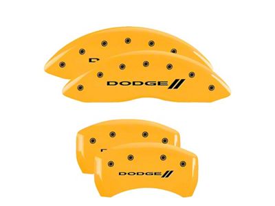 MGP Brake Caliper Covers with Dodge Stripes Logo; Yellow; Front and Rear (11-23 Challenger R/T; 2014 Challenger Rallye Redline; 17-23 Challenger GT, T/A; 12-23 Challenger SXT w/ Dual Piston Front Calipers)