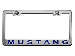 Polished/Brushed License Plate Frame with Blue Carbon Fiber 2005 Style Mustang Lettering (Universal; Some Adaptation May Be Required)