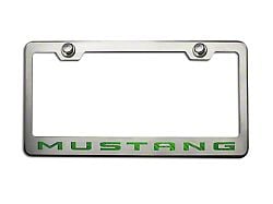 Polished/Brushed License Plate Frame with Green Carbon Fiber 2010 Style Mustang Lettering (Universal; Some Adaptation May Be Required)