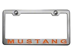 Polished/Brushed License Plate Frame with Orange Carbon Fiber 2005 Style Mustang Lettering (Universal; Some Adaptation May Be Required)