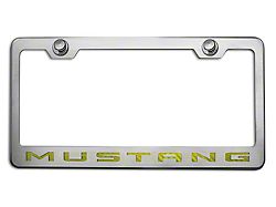 Polished/Brushed License Plate Frame with Yellow Carbon Fiber 2010 Style Mustang Lettering (Universal; Some Adaptation May Be Required)