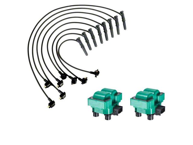 Ignition Coils with Spark Plug Wires; Green (96-98 Mustang GT, Cobra)