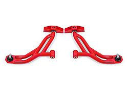 BMR Non-Adjustable Front Lower Control A-Arms; Polyurethane/Delrin Combo; 19mm Tall Ball Joint; Red (10-14 Mustang)