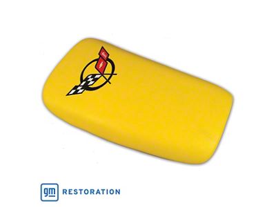 CA Embroidered Leather Console Lid; Pace Yellow with Black Logo (1998 Corvette C5)