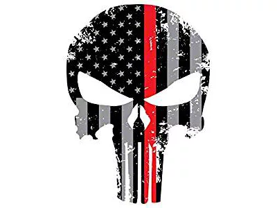 CA Tattered US Flag Punisher Skull Decal; Firefighter / EMT Thin Red Line (Universal; Some Adaptation May Be Required)