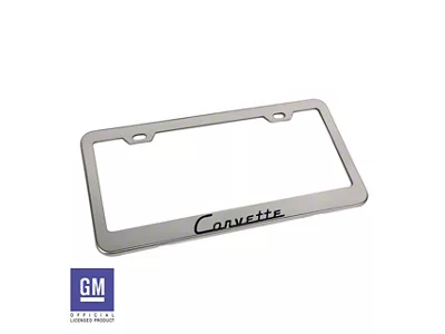 CA License Plate Frame with Carbon Fiber Corvette Script; Polished Stainless Steel (Universal; Some Adaptation May Be Required)