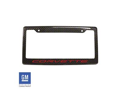 License Plate Frame with Red Corvette Script; Carbon Fiber (Universal; Some Adaptation May Be Required)