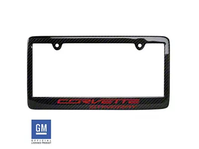 CA License Plate Frame with Red Corvette Stingray Script; Carbon Fiber (Universal; Some Adaptation May Be Required)