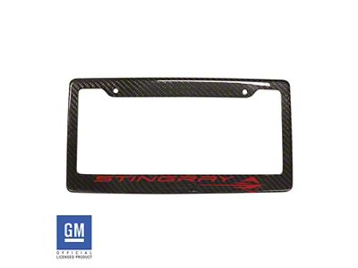 License Plate Frame with Red Stingray Script and Logo; Carbon Fiber (Universal; Some Adaptation May Be Required)