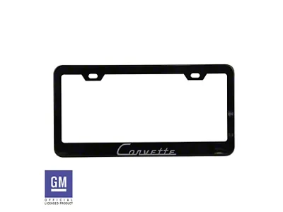 License Plate Frame with Silver Corvette Script; Matte Black Stainless Steel (Universal; Some Adaptation May Be Required)