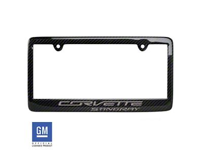 License Plate Frame with Silver Corvette Stingray Script; Carbon Fiber (Universal; Some Adaptation May Be Required)