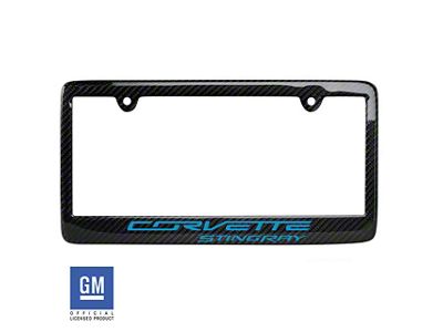 License Plate Frame with Tension Blue Corvette Stingray Script; Carbon Fiber (Universal; Some Adaptation May Be Required)