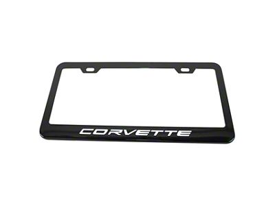 CA License Plate Frame with White Corvette Script; Matte Black (Universal; Some Adaptation May Be Required)