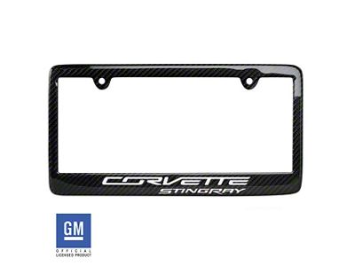 License Plate Frame with White Corvette Stingray Script; Carbon Fiber (Universal; Some Adaptation May Be Required)