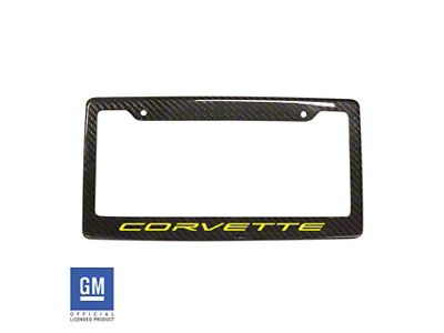 License Plate Frame with Yellow Corvette Script; Carbon Fiber (Universal; Some Adaptation May Be Required)