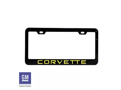 CA License Plate Frame with Yellow Corvette Script; Matte Black Stainless Steel (Universal; Some Adaptation May Be Required)