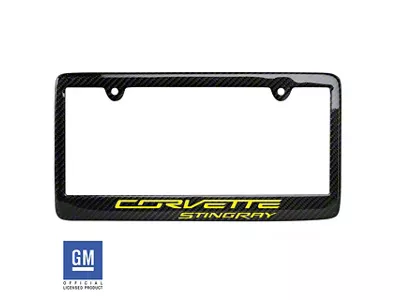 CA License Plate Frame with Yellow Corvette Stingray Script; Carbon Fiber (Universal; Some Adaptation May Be Required)