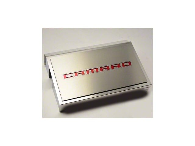 Brushed Fuse Box Cover with Camaro Top Plate; Red Carbon Fiber Inlay (16-24 Camaro)