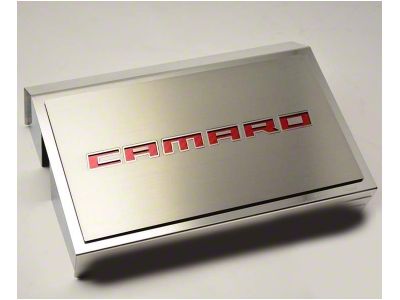 Brushed Fuse Box Cover with Camaro Top Plate; Dark Blue Inlay Solid (16-24 Camaro)