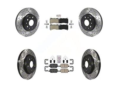 Drilled and Slotted Brake Rotor and Semi-Metallic and Ceramic Pad Kit; Front and Rear (16-24 Camaro LS & LT w/ 4-Piston Front Calipers; 20-24 Camaro LT1)