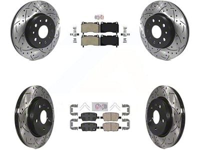 Drilled and Slotted Brake Rotor and Semi-Metallic and Ceramic Pad Kit; Front and Rear (16-24 Camaro LS & LT w/ 4-Piston Front Calipers; 20-24 Camaro LT1)