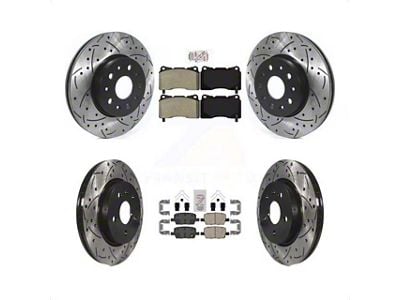 Drilled and Slotted Brake Rotor and Semi-Metallic and Ceramic Pad Kit; Front and Rear (16-24 Camaro LS & LT w/ 4-Piston Front Calipers; 20-24 Camaro LT1)