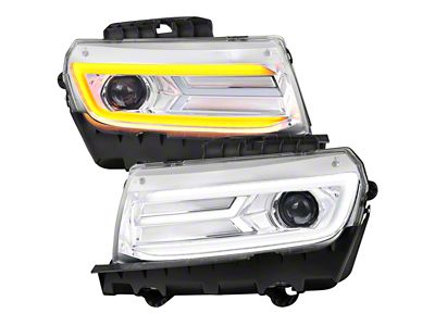 LED Strip Projector Headlights with Sequential Turn Signal; Chrome Housing; Clear Lens (14-15 Camaro w/ Factory Halogen Headlights)