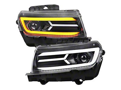 LED Strip Projector Headlights with Sequential Turn Signal; Glossy Black Housing; Clear Lens (14-15 Camaro w/ Factory Halogen Headlights)