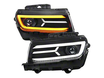 LED Strip Projector Headlights with Sequential Turn Signal; Matte Black Housing; Clear Lens (14-15 Camaro w/ Factory Halogen Headlights)