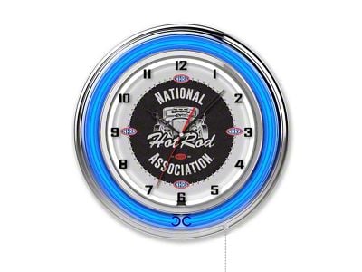 NHRA 19-Inch Double Neon Hot Rod Wall Clock; Blue Neon