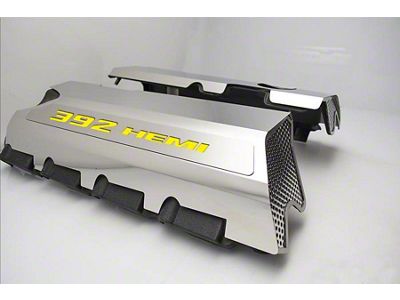 Polished Fuel Rail Covers with 392 HEMI Lettering; Yellow Solid (15-23 6.4L HEMI Challenger w/o Shaker Hood)