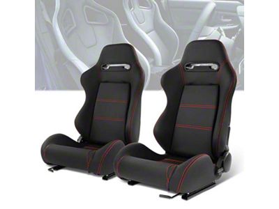 Vinyl Racing Bucket Seats with Seat Sliders; Black with Red Stitching (Universal; Some Adaptation May Be Required)