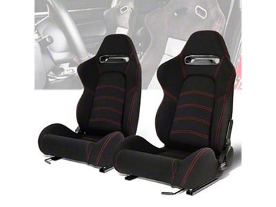 Woven Fabric Racing Bucket Seats with Seat Sliders; Black with Red Stitching (Universal; Some Adaptation May Be Required)