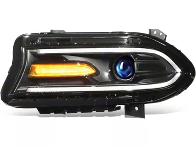 OE Style LED DRL Projector Headlight with Clear Corners; Black Housing; Clear Lens; Driver Side (15-23 Charger w/ Factory Halogen Headlights & LED DRL)