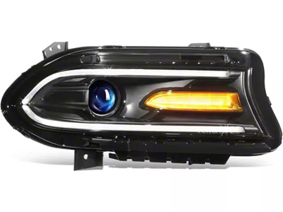 OE Style LED DRL Projector Headlight with Clear Corners; Black Housing; Clear Lens; Passenger Side (15-23 Charger w/ Factory Halogen Headlights & LED DRL)