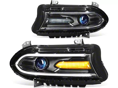 OE Style LED DRL Projector Headlights with Clear Corners; Black Housing; Clear Lens (15-23 Charger w/ Factory Halogen Headlights & LED DRL)