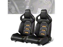 Perforated Vinyl Racing Bucket Seats with Seat Sliders; Black and Orange Carbon Fiber Style (Universal; Some Adaptation May Be Required)