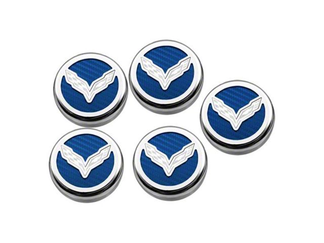 Corvette Flag Style Fluid Cap Covers; Blue Carbon Fiber (14-19 Corvette C7 w/ Manual Transmission)