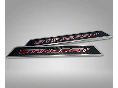 Door Sill Plates with Stingray Style Insert; Black Carbon Fiber (20-24 Corvette C8)