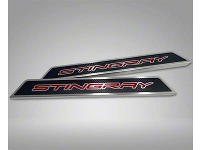 Door Sill Plates with Stingray Style Insert; Black Carbon Fiber (20-25 Corvette C8)