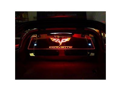 Glow Plate with Blue Flags Over Text Logo; Clear (05-13 Corvette C6 Coupe)