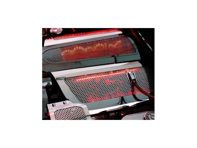 Illuminated Fuel Rail Replacement Covers with Oil Fill Hole and without Dry Sump; Perforated Stainless; Blue LED (08-13 Corvette C6, Excluding Z06 & ZR1)