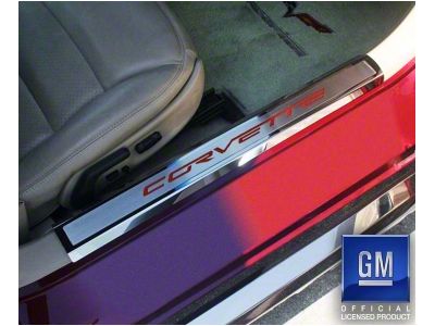 Inner Door Sill Plates with Corvette Lettering; Garnet Red (05-13 Corvette C6)