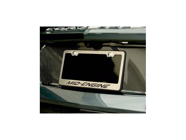License Plate Frame with MID-ENGINE Lettering; Black Carbon Fiber Inlay (20-24 Corvette C8)