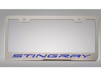 License Plate Frame with Stingray Lettering; Blue Carbon Fiber Inlay (20-24 Corvette C8)