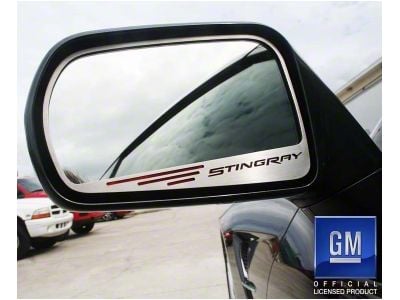 Side View Mirror Trim with Etched Stingray Lettering and Slots; Brushed Black (14-19 Corvette C7)