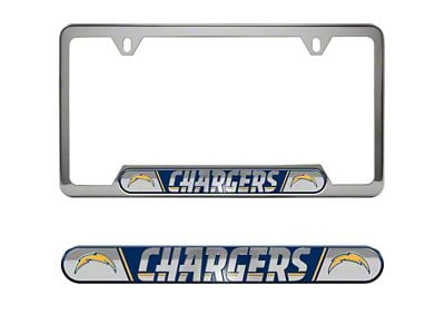 Embossed License Plate Frame with Los Angeles Chargers Logo; Blue (Universal; Some Adaptation May Be Required)